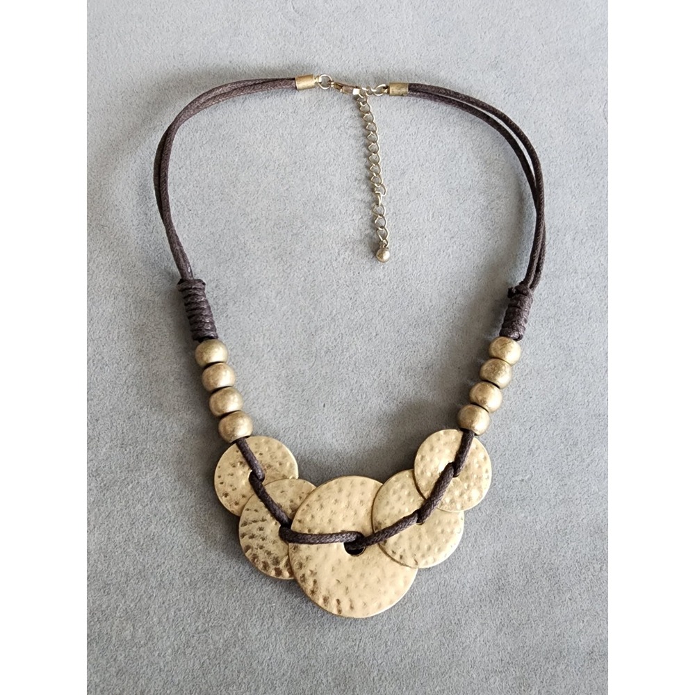 Vtg CHICO'S Gold Tone Hammered Discs Statement Necklace Cord Sturdy FREE $HIP!!!